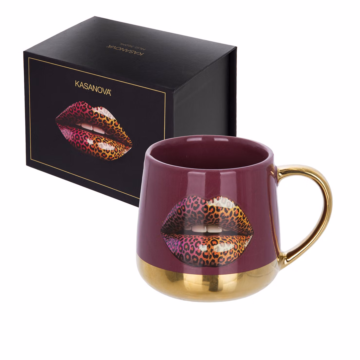 Tazza in ceramica con decorazione labbra leopardate marrone e oro, 360 ml – 2