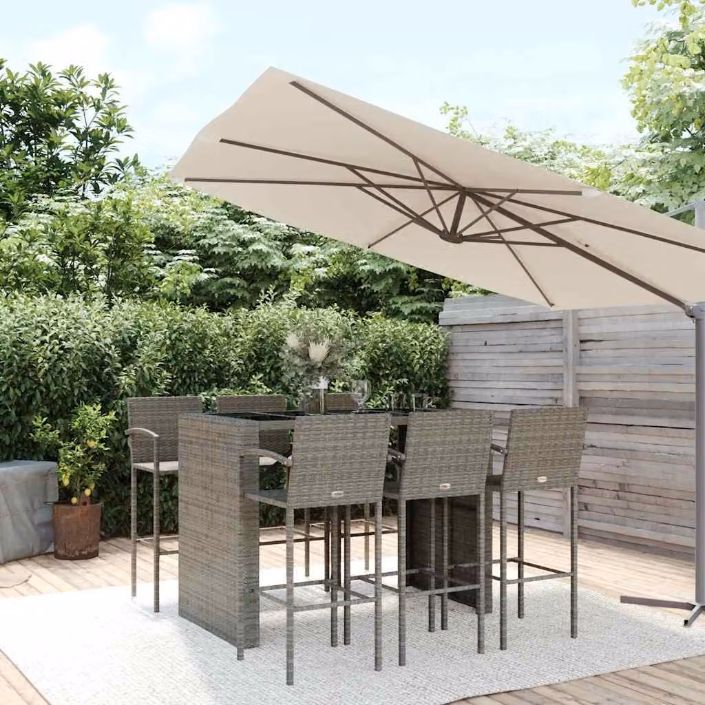 Set da Bar da Giardino vidaXL in Polyrattan Grigio e Nero con Piano in Vetro, 7 Pezzi