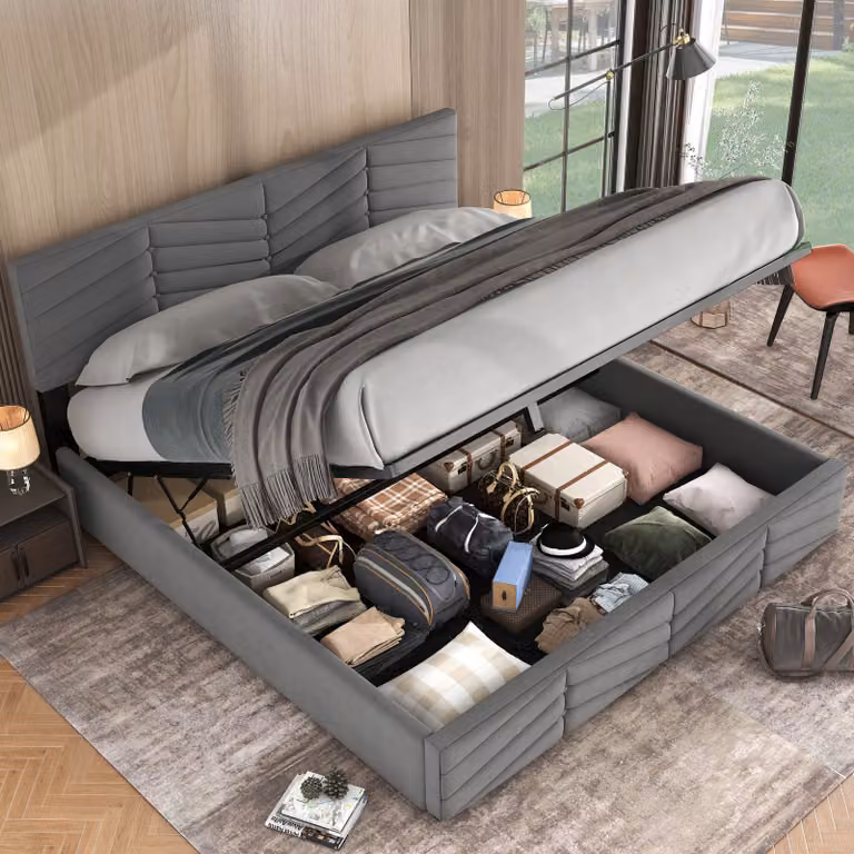 Letto imbottito STILVORA, 160x200 cm, matrimoniale con spazio contenitore, struttura letto per ragazzi con poggiatesta regolabile in altezza, velluto olandese, grigio (senza materasso)