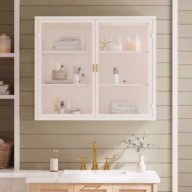 Armadio a muro moderno 70 cm, 2 ante in vetro trasparente bianco, con ripiani a 3 livelli per ingresso, soggiorno, bagno e sala da pranzo