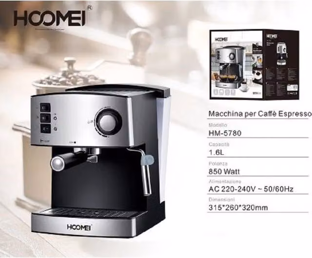 Macchina per Caffè Espresso Hoomei in Acciaio Inox Argento con Sistema Cappuccino, 15 Bar e Serbatoio da 1,6 l