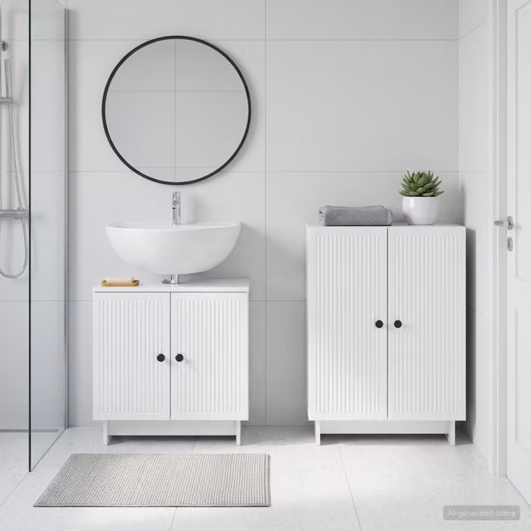 Set di mobili da bagno vidaXL composto da mobile lavabo e mobile contenitore, design moderno in bianco lucido, L/P/H: 80,0 x 30,8 x 59,5 cm e 66,0 x 31,5 x 30,8 cm