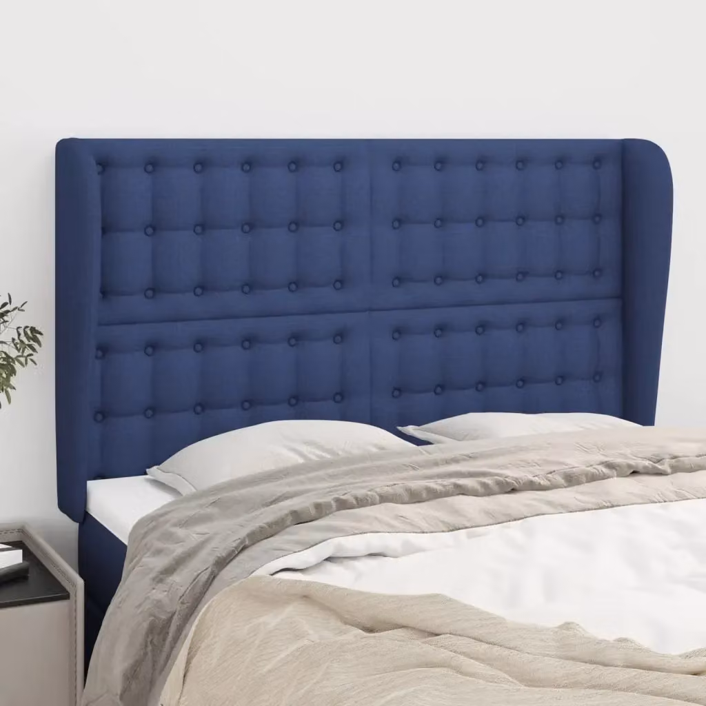 Testata ad orecchio in tessuto blu con struttura in legno di larice L: 147 cm, P: 23 cm, H: 118/128 cm – 2