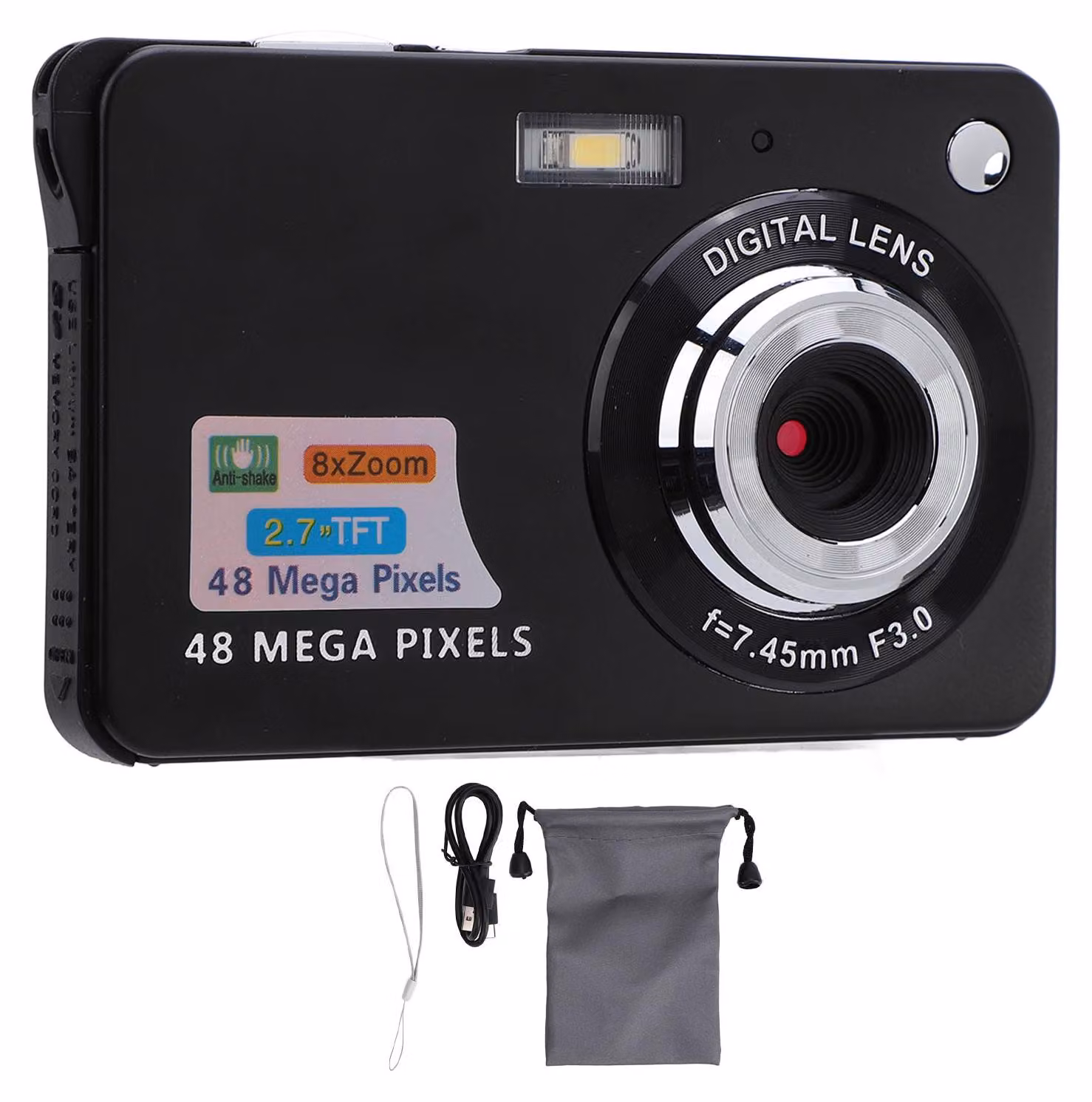 Fotocamera digitale, 48 MP, 4K, zoom ottico, 20 filtri, schermo da 2,7 pollici, stabilizzazione dell'immagine, ricaricabile, portatile, compatta, per bambini, studenti, V