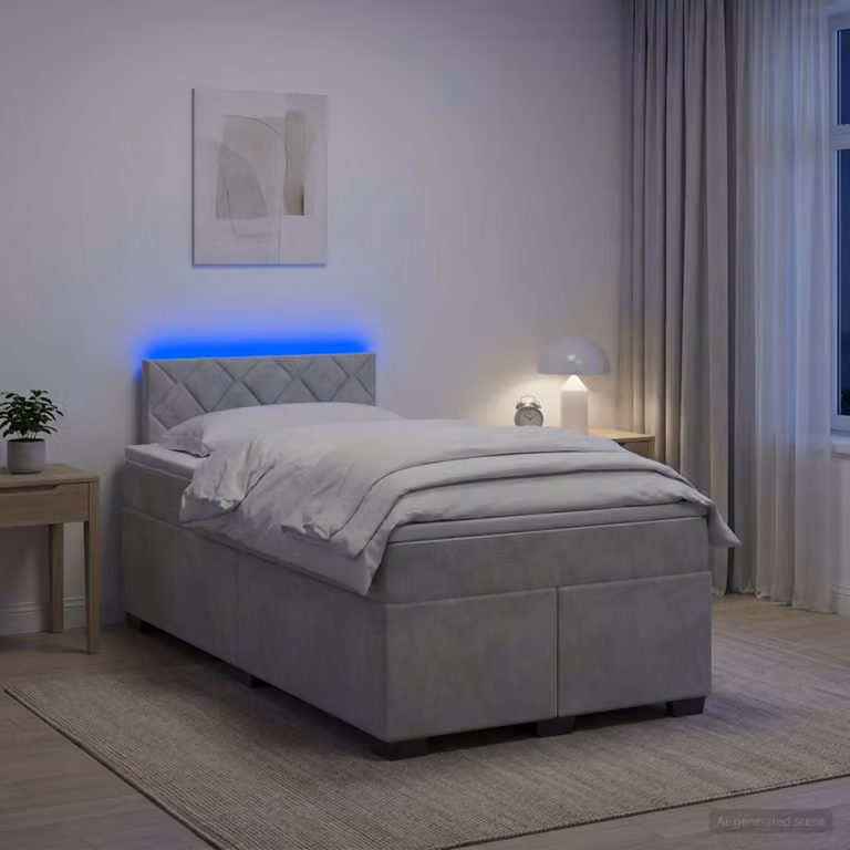 Letto con Box Spring vidaXL in Velluto Grigio Chiaro con Materasso Ibrido, Illuminazione LED e Porta USB, L/P: 120 x 190 cm