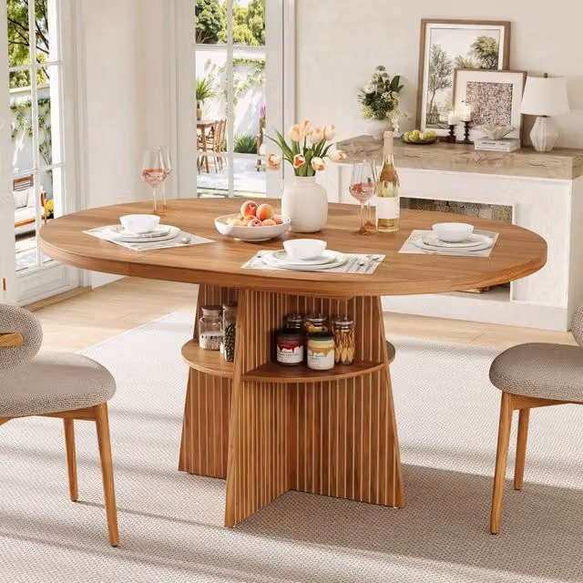 Tavolo da pranzo rotondo allungabile WISHDOR in MDF effetto noce marrone con ripiano integrato L: 110-150 cm, P: 110 cm, H: 77,5 cm