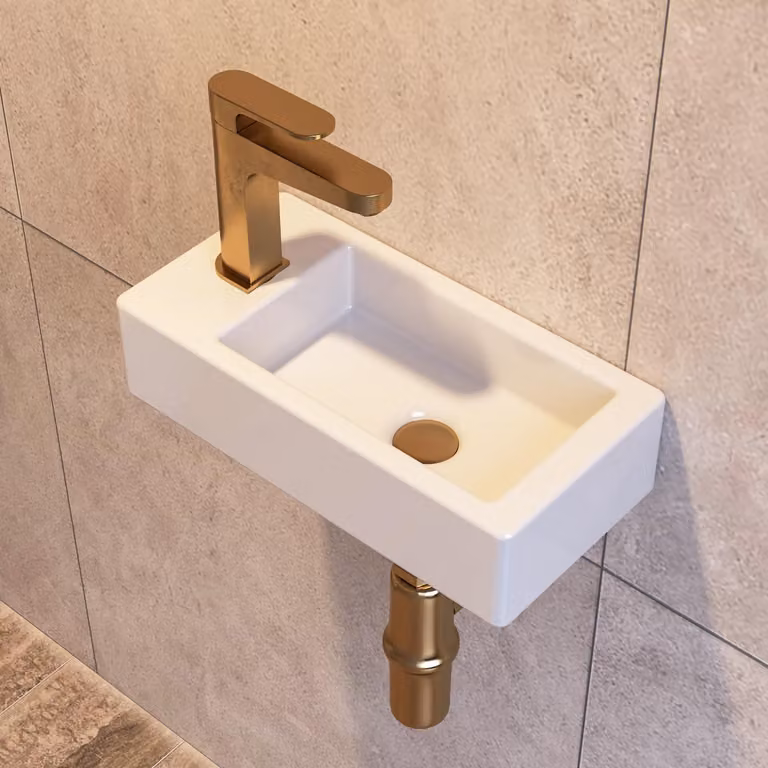 Lavabo da bagno piccolo, in Vetroceramica, bianco, da montare a parete, dimensioni 14,5x7x3,5 pollici, modello per installazione a sinistra