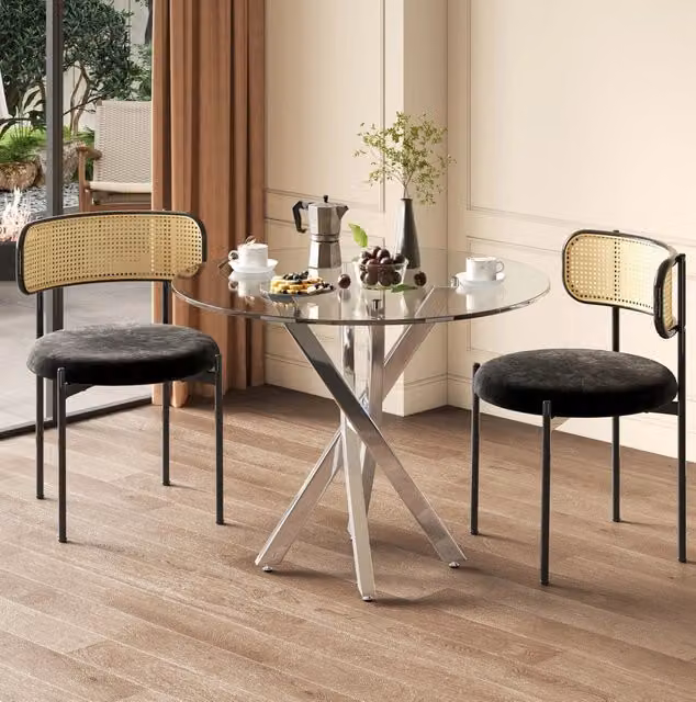 Tavolo da Pranzo Rotondo 80x80x75 cm con Piano in Vetro Temperato e Gambe in Metallo Silver