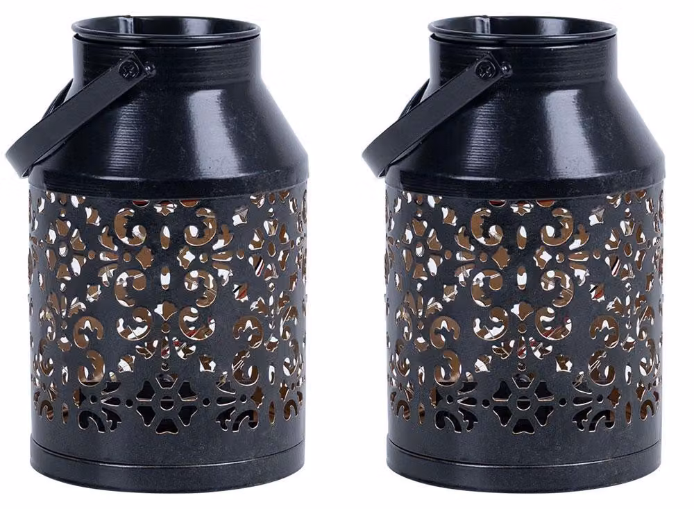 2 lampade solari a LED, colore nero, con vaso per piante, altezza 16 cm