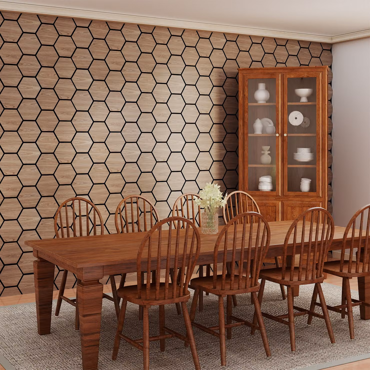 Set di 4 pannelli acustici fonoassorbenti e decorativi Costway in legno con 9 tavolette esagonali, L: 81 cm, H: 66 cm, colore beige e marrone