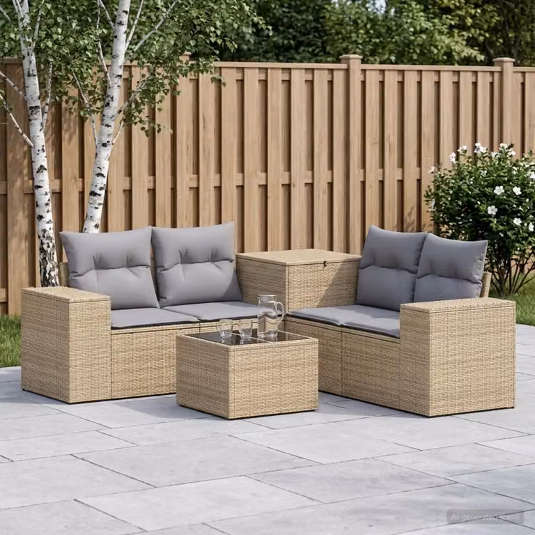 Set di divani da giardino vidaXL in polyrattan con tavolo da caffè e cuscini, composizione a L, Beige e Grigio Chiaro