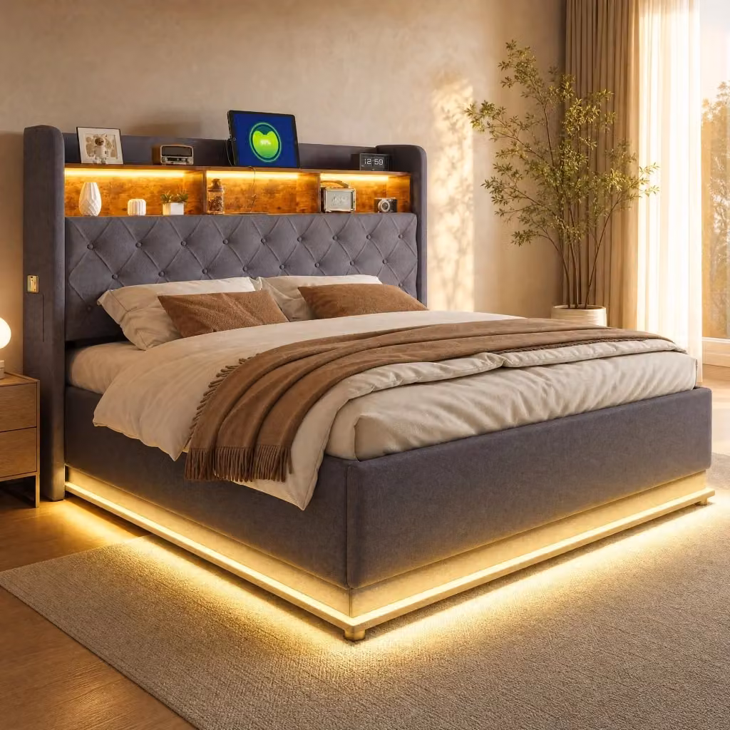 Letto imbottito REDOM grigio con contenitore idraulico, luci LED, porte USB e mensola integrata L/P: 180 x 200 cm – 2
