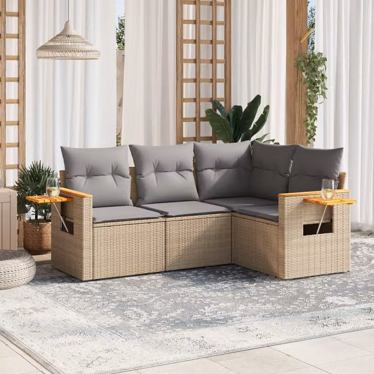 vidaXL Set Divano da Giardino a L in Polyrattan con Cuscini Beige e Tavolino da Esterno