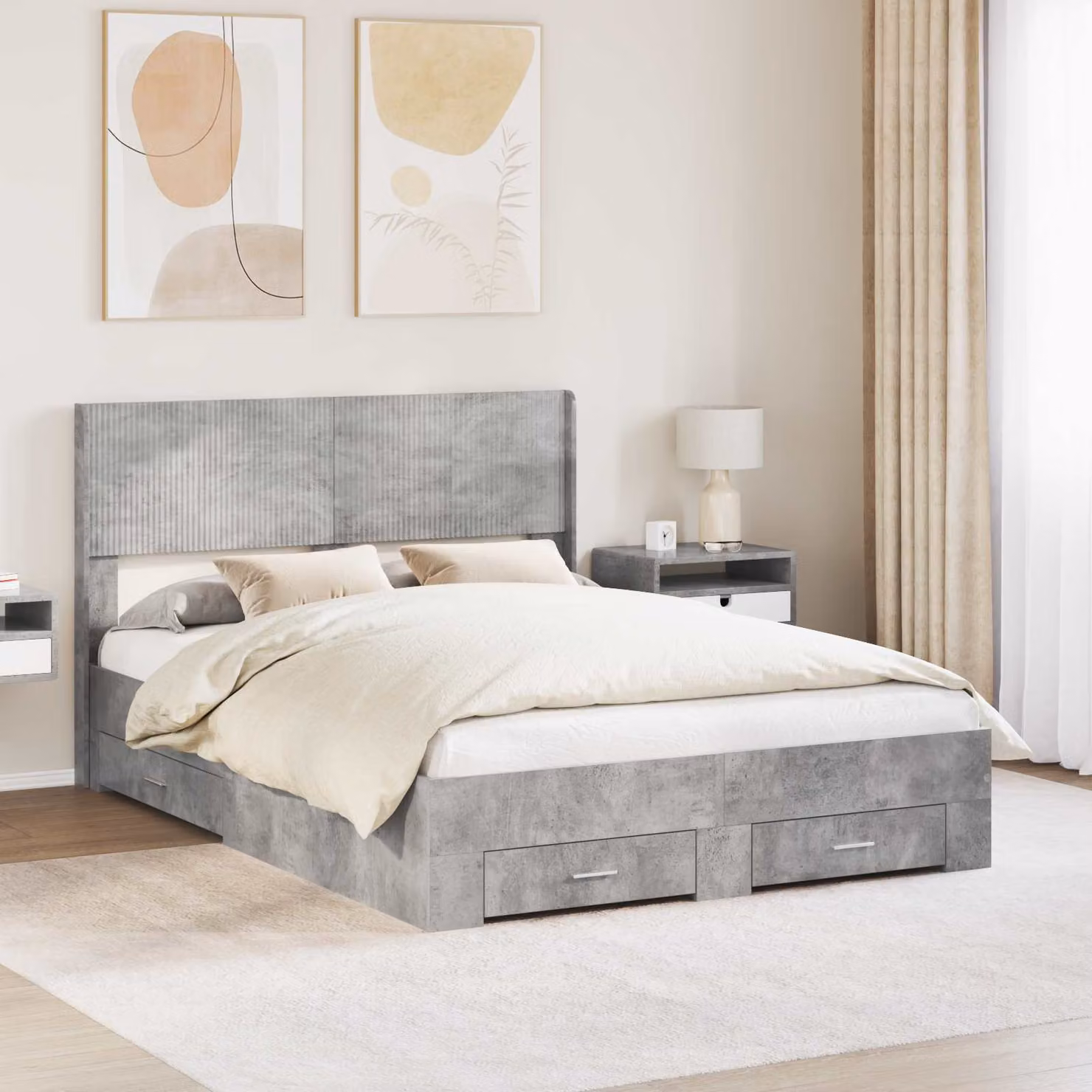 vidaXL Struttura letto moderna con contenitore e testata in legno MDF Grigio, L/P/H: 150 x 200 x 100 cm