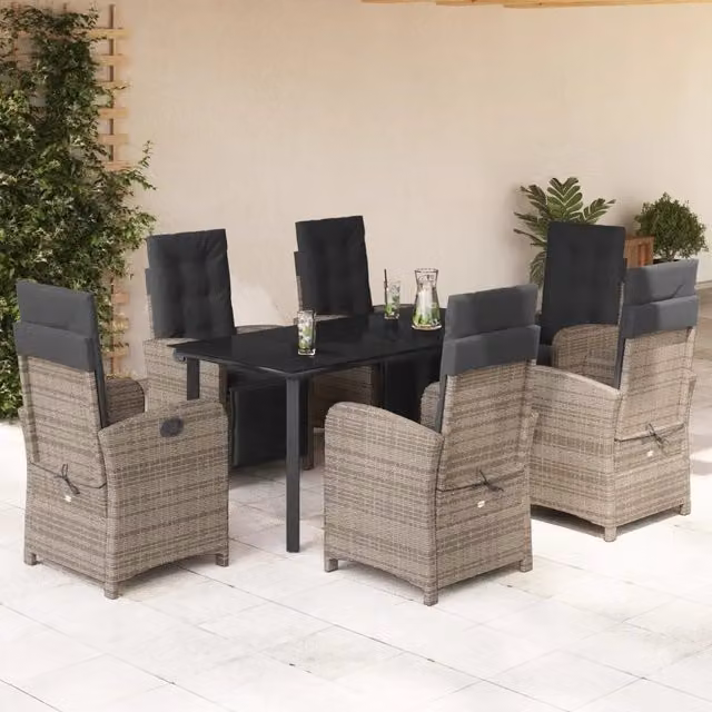 Set da pranzo da giardino vidaXL in polyrattan grigio e nero con tavolo in vetro, 7 pezzi