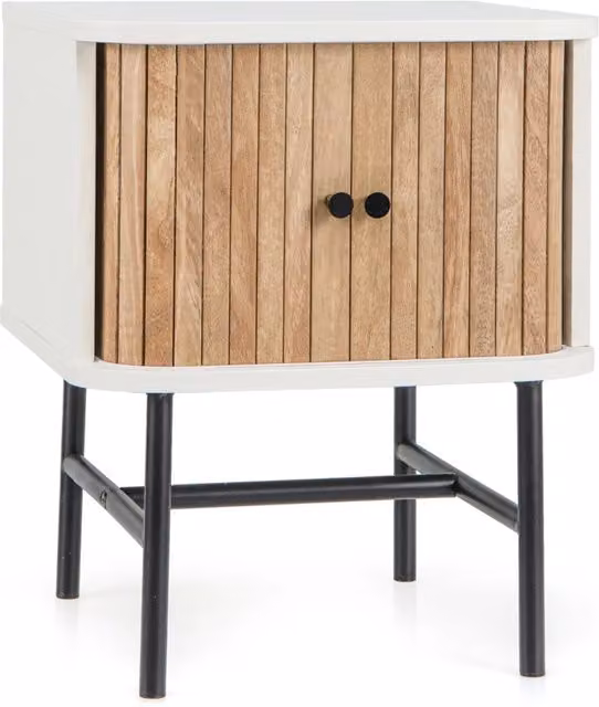 Comodino mid-century con ante scorrevoli e gambe in metallo, tavolino laterale per soggiorno o camera da letto, Bianco