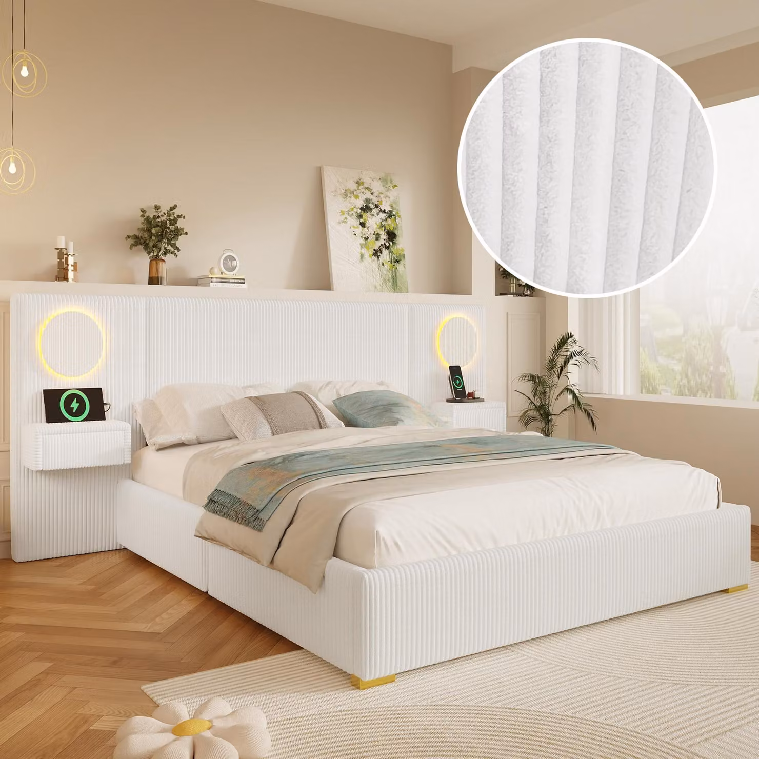 Letto imbottito Flieks, 180x200 cm, con comodini e rivestimento in ecopelle. Letto per adolescenti, matrimoniale, con porta USB. Letto classico in legno con ampia testiera, in velluto, color beige
