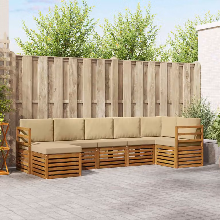 Set di divani da esterno vidaXL 7 pz in legno di acacia con cuscini, forma a L, colore beige e marrone
