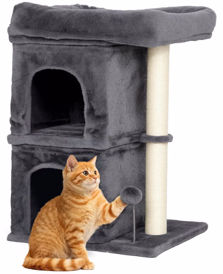 Albero per gatti - Tiragraffi per gatti - Altezza 66 cm - 2 tane e una pallina giocattolo - 2 ripiani in legno - Grigio scuro