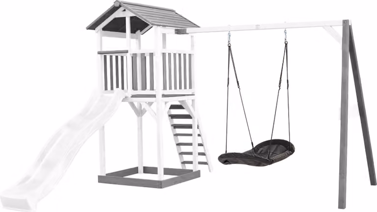 AXI Beach Tower parco giochi in legno in grigio e bianco | Torre di gioco per bambini con sabbiera, altalena a nido e scivolo bianco | Casa per bambini su palafitte per il giardino