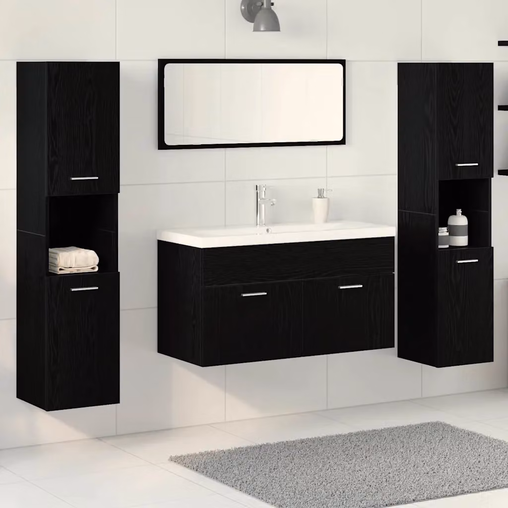Set di mobili per il bagno moderno vidaXL in legno e metallo nero, composto da 4 pezzi con vanità e armadietti a muro L/P/H: 90,0 x 54,6 x 38,5 cm