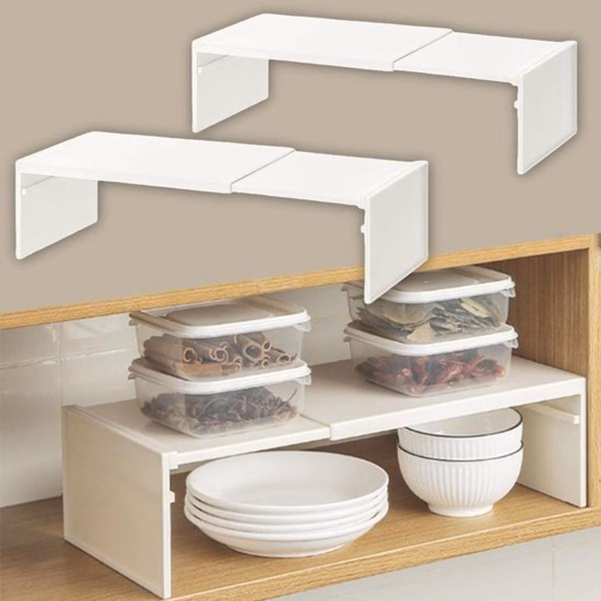 Set di 2 organizer per scaffali da cucina, contenitori in plastica per armadi, da auto-assemblare, ideali per cucina, bagno e armadi