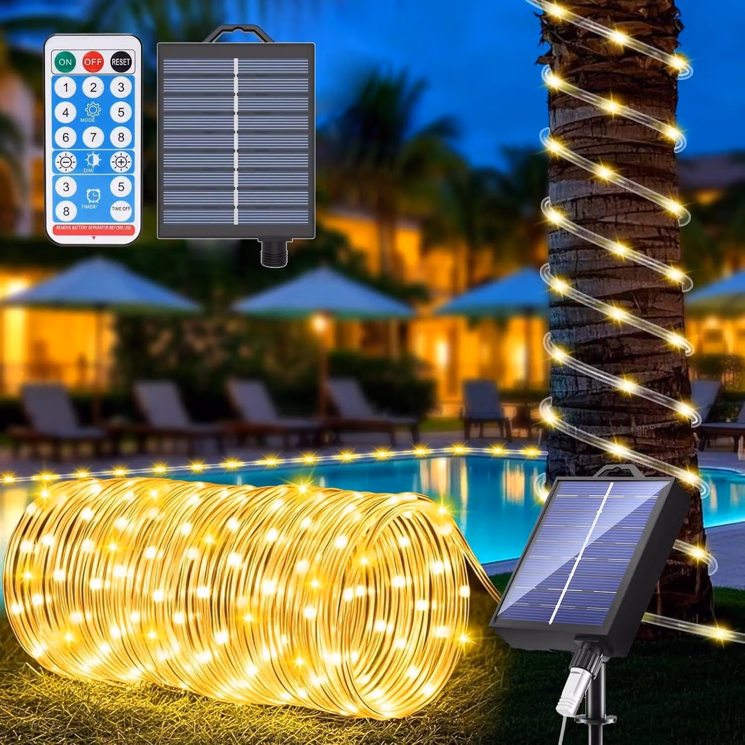 Catena luminosa solare, 22 metri, 200 LED, grado di protezione IP65, 8 modalità
