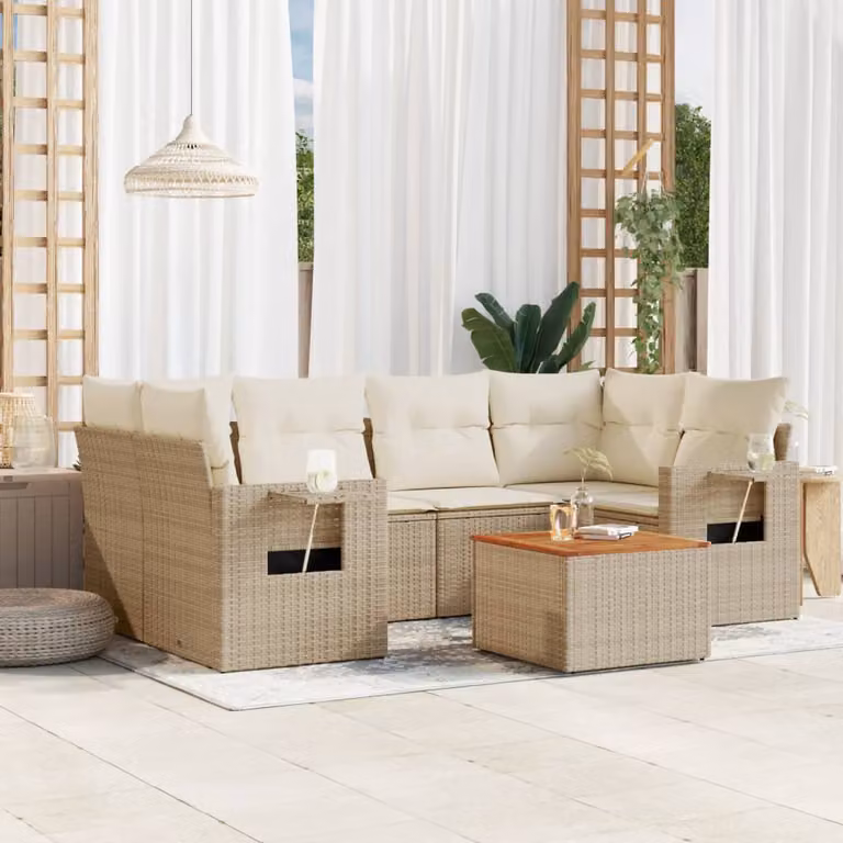 Set di divani da giardino vidaXL in 7 pezzi con cuscini beige in polyrattan e telaio in legno di acacia