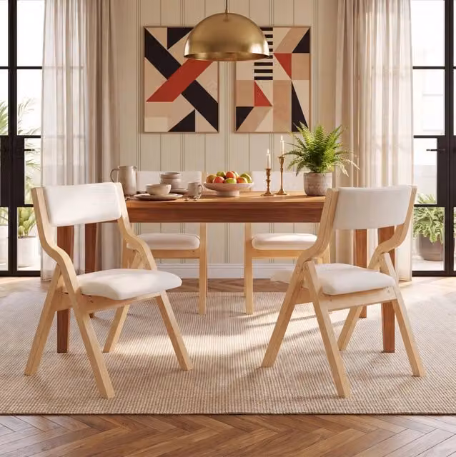 Set di 4 sedie da pranzo pieghevoli in legno massello con rivestimento in lino beige