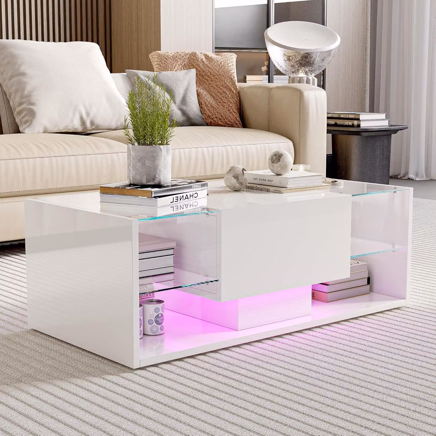 Tavolino da salotto - Tavolino per il soggiorno - Tavolino da caffè - Tavolino con spazio contenitivo - Tavolino da salotto LED bianco - 100x50x35 cm
