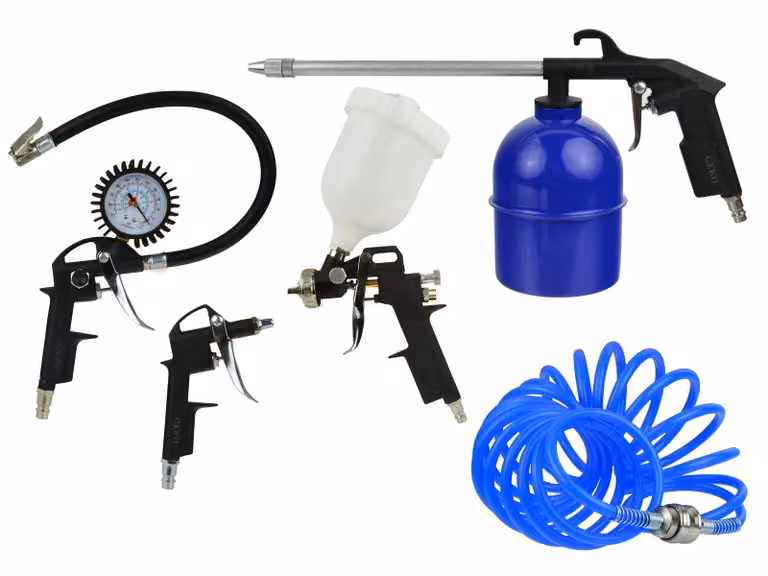 Kit-set accessori per compressore, inclusi gonfiagomme con manometro, pistola di soffiaggio, a spruzzo per vernice, tubo a spirale, 5 pezzi Geko