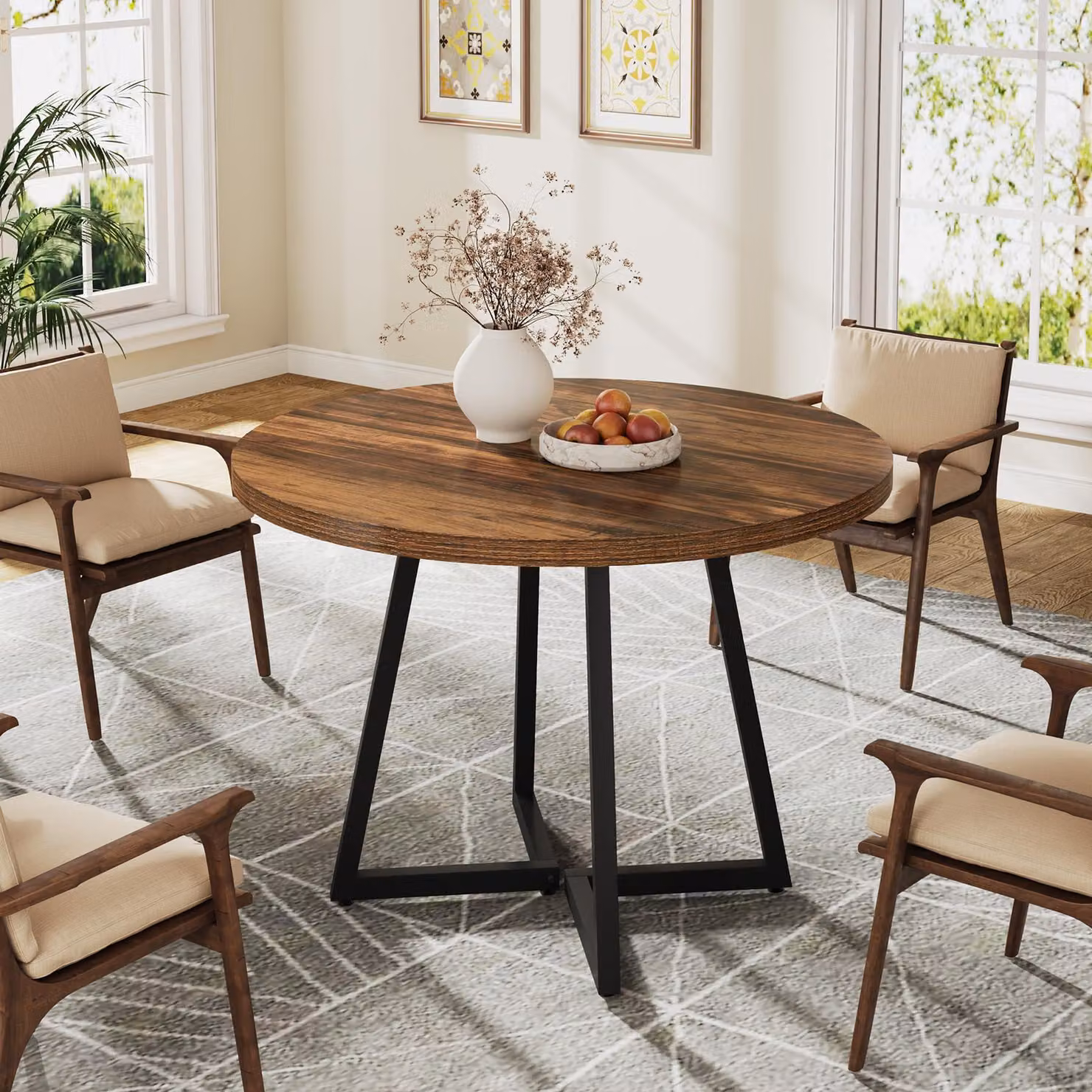 Tavolo da pranzo rotondo Tribesigns, tavolo da pranzo industriale da 80 cm con base in metallo, tavolo da cucina per sala da pranzo, stanze piccole, appartamento, rustico marrone e nero