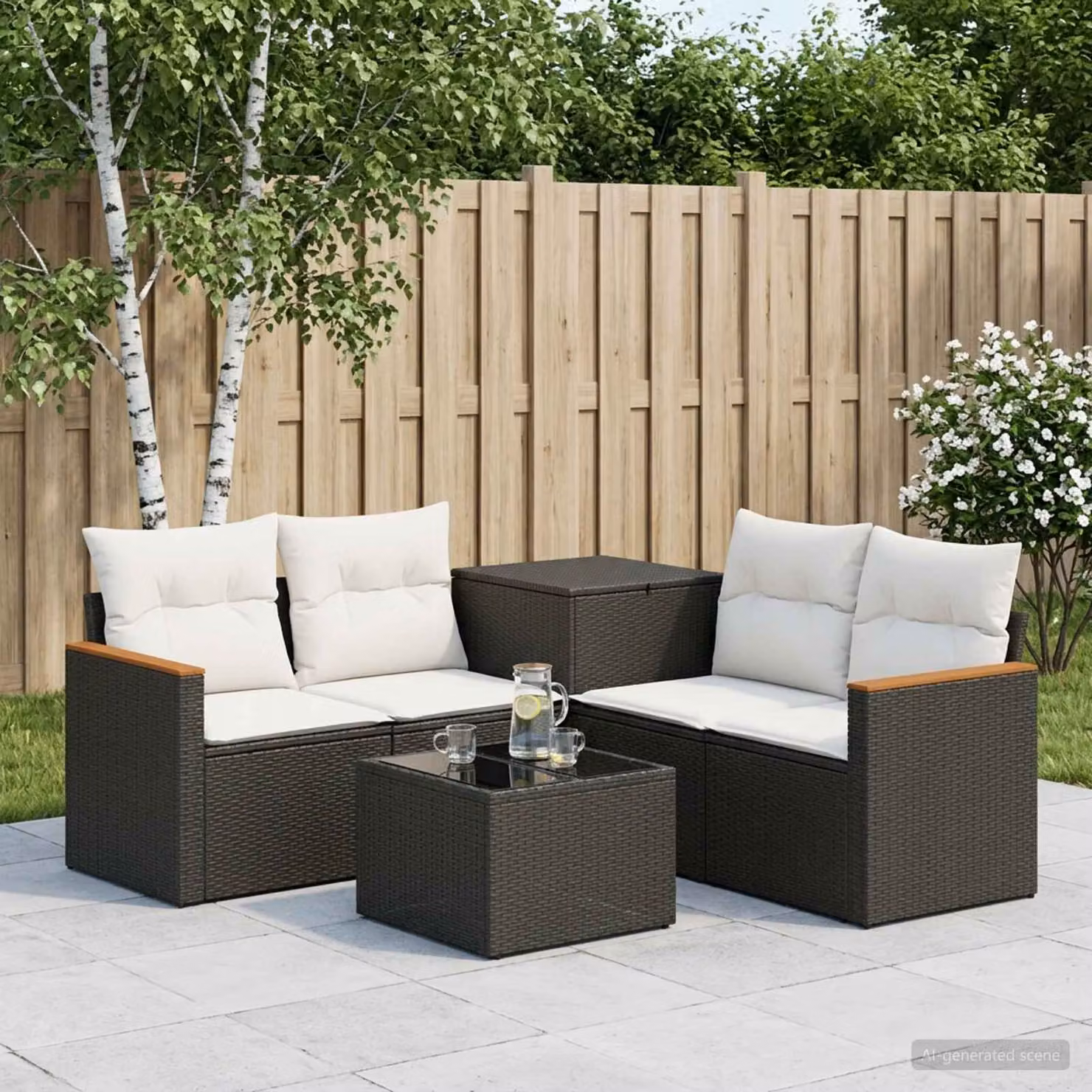 Set di divani da giardino vidaXL in polyrattan nero e bianco crema con tavolo da caffè e pouf incluso