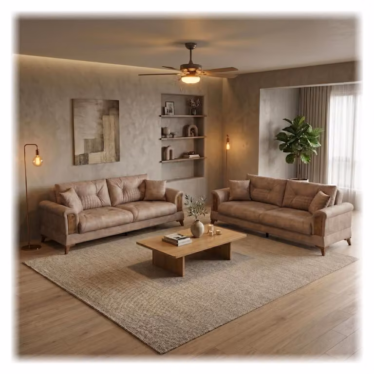 Divano componibile moderno, color marrone, elegante, imbottito, composto da 2 elementi da 3 posti