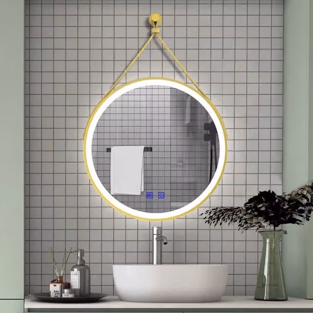 Specchio da bagno rotondo AICA IT con LED, struttura in alluminio oro, funzione antiappannamento e 3 temperature colore, Diametro: 60 cm