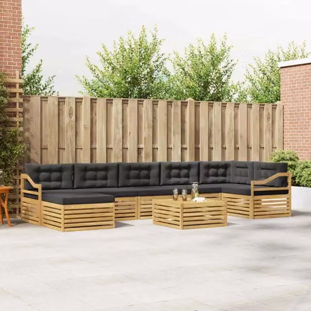 Set di divani da esterno a L vidaXL composto da 8 pezzi con tavolino e pouf, struttura in legno di acacia e cuscini bianchi e antracite – 1