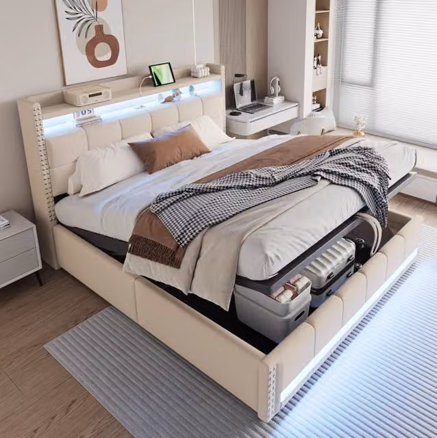 Letto matrimoniale imbottito 180x200 cm con illuminazione LED, presa USB e contenitore idraulico, rivestimento in lino beige