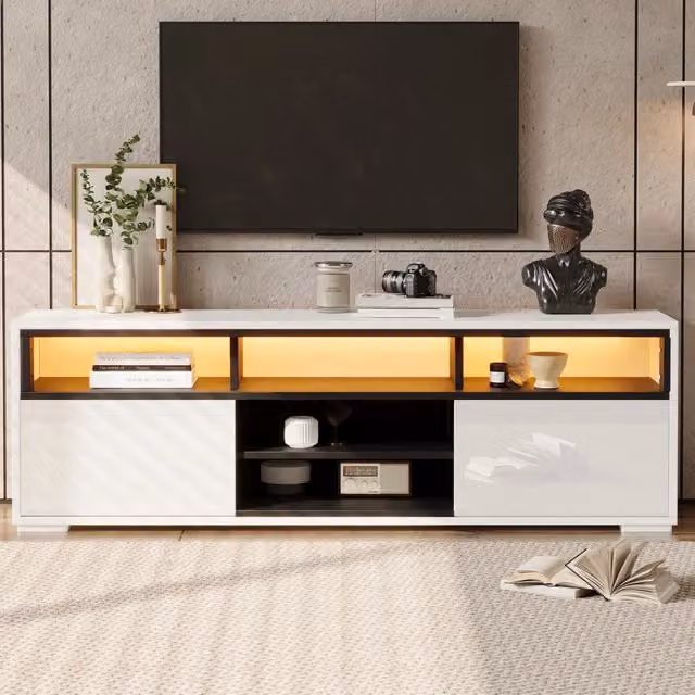 Mobile TV Moderno REDOM Bianco Lucido con Illuminazione LED in MDF L: 150 cm, P: 35 cm, H: 50 cm – 1