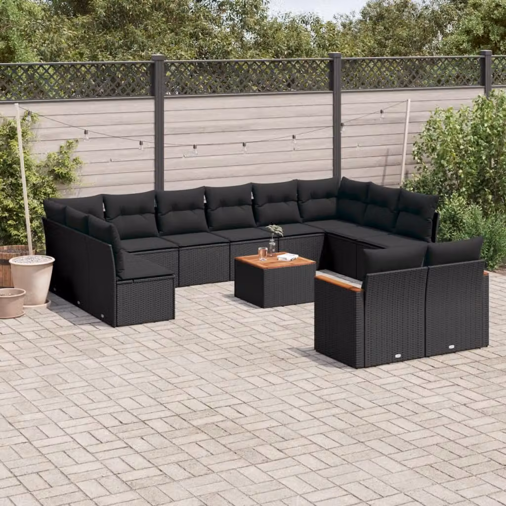 Set Divani da Giardino vidaXL 13pz a Forma di U con Cuscini Neri e Tavolino in Polyrattan e Acciaio – 1