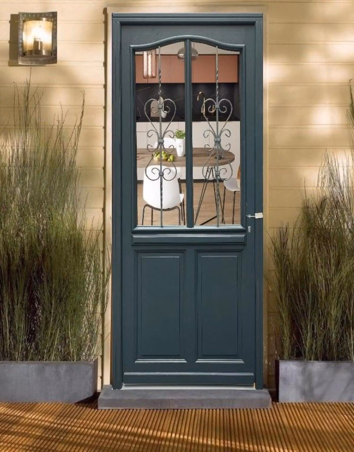 Porta d'ingresso in legno con vetrata Sabrina grigio antracite H.215xL.90 cm lato tavolo P. sinistra, maniglia, cilindro GD MENUISERIES