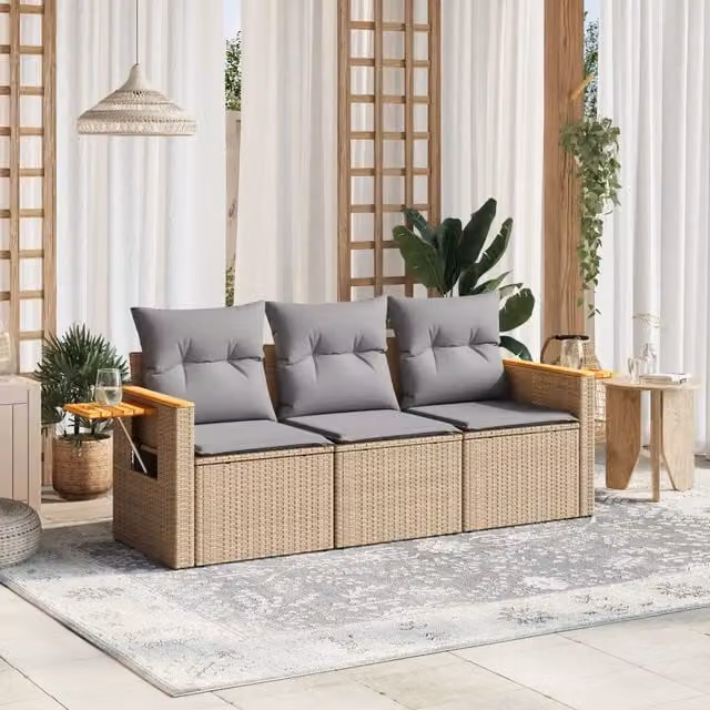 Set Divano da Giardino 3 pz con Cuscini-Sofa da Giardino-Divanetto da esterno Beige in Polyrattan 853721