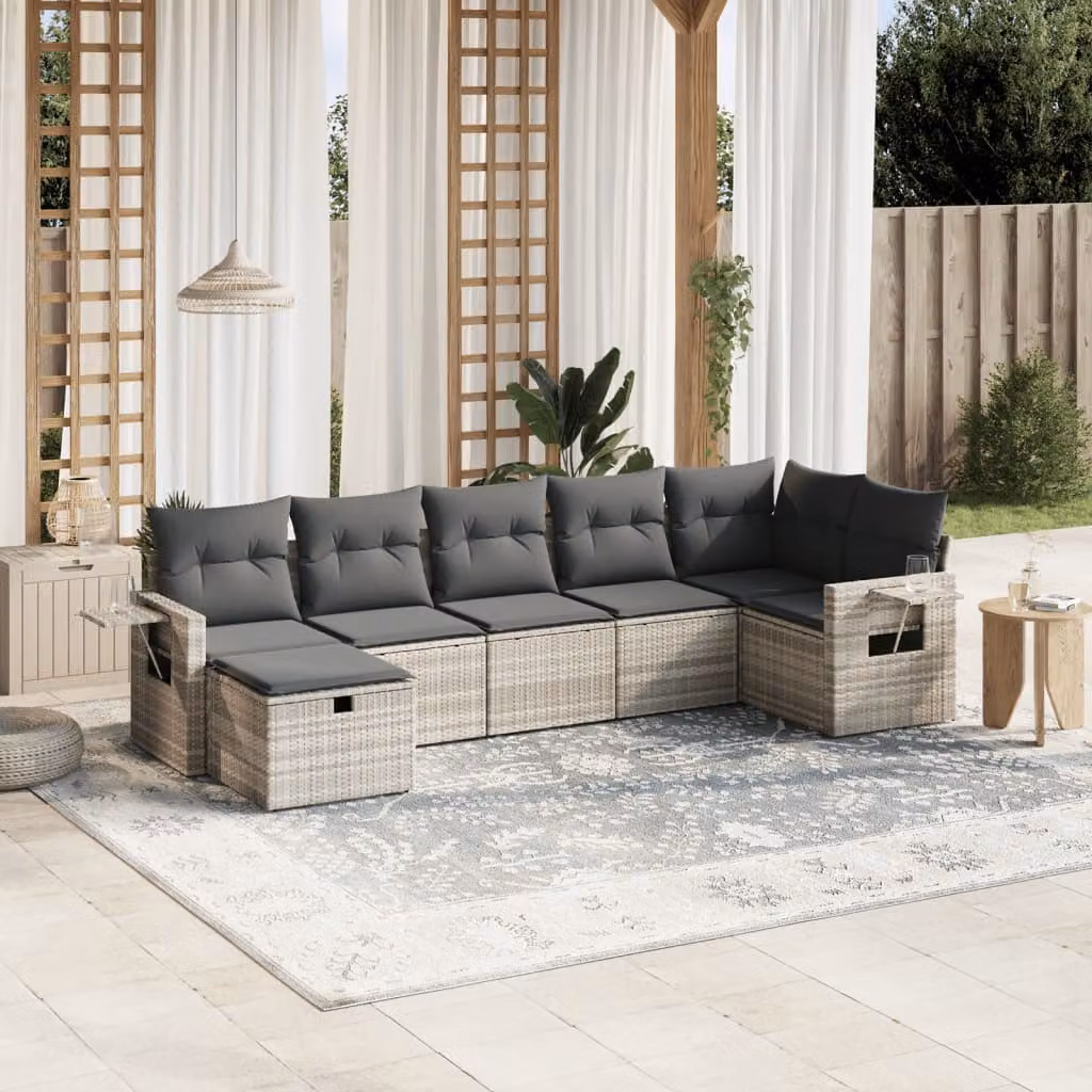 vidaXL Set Divani da Giardino 7pz a Forma di L con Cuscini Grigio con Struttura in Metallo e Polyrattan – 1
