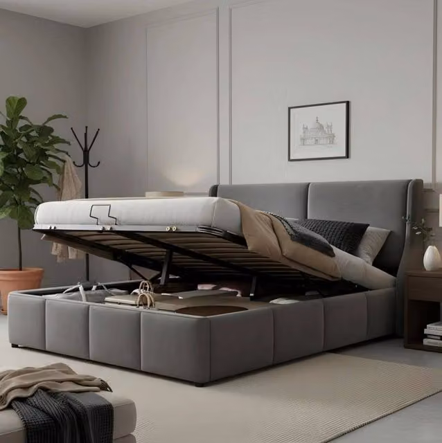 Letto imbottito con contenitore; design a orecchie; 140x190 cm; velluto grigio