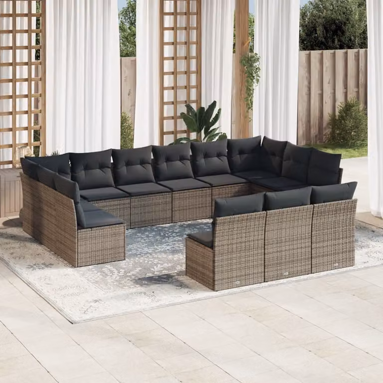 vidaXL Set Divani da Giardino 13 pz a Forma a U in Polyrattan Grigio con Cuscini e Struttura in Metallo