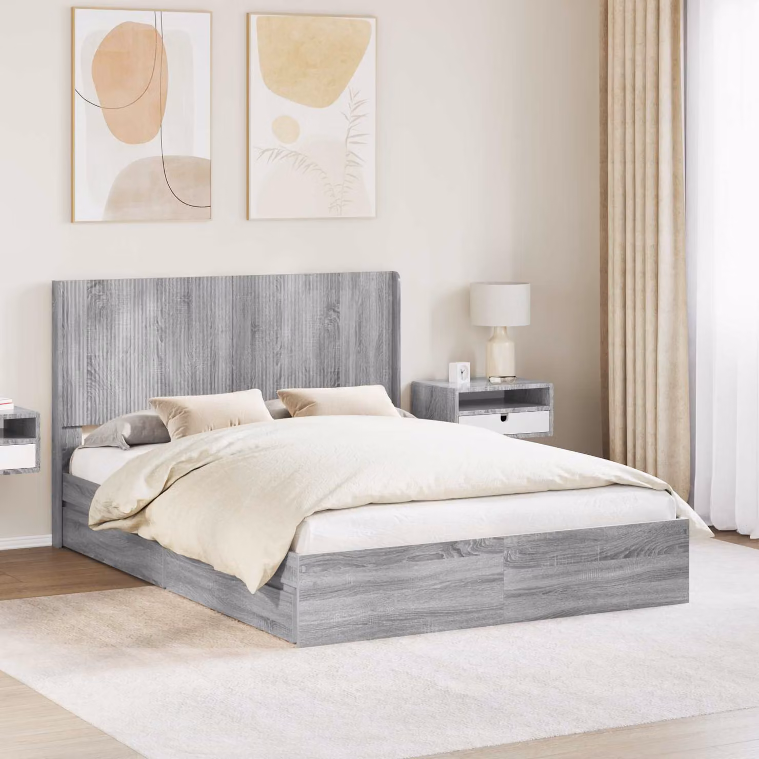 Struttura letto con stoccaggio e testata vidaXL in legno ingegnerizzato, colore grigio, L/P/H: 160 x 200 x 100 cm