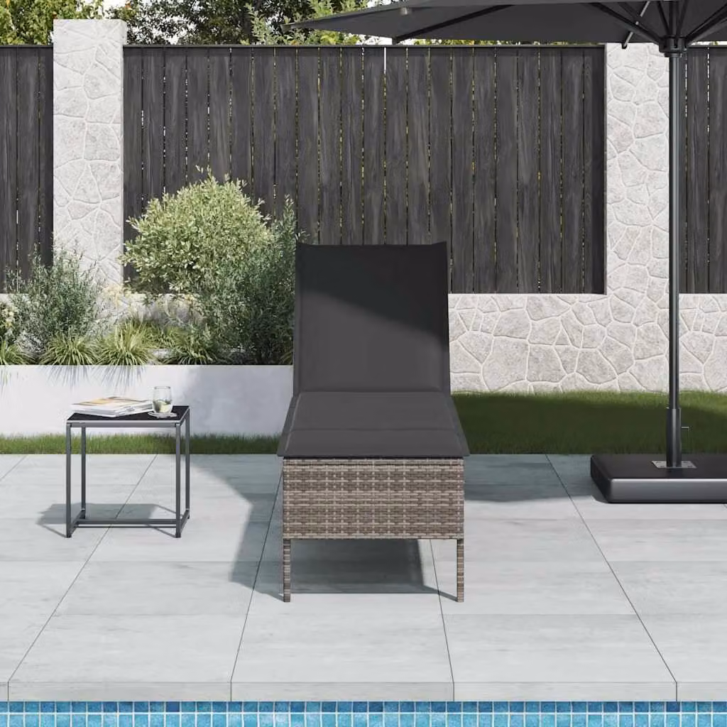 vidaXL Lettino Prendisole in Polyrattan con Cuscino Grigio, L/P/H: 200 x 55 x 44 cm