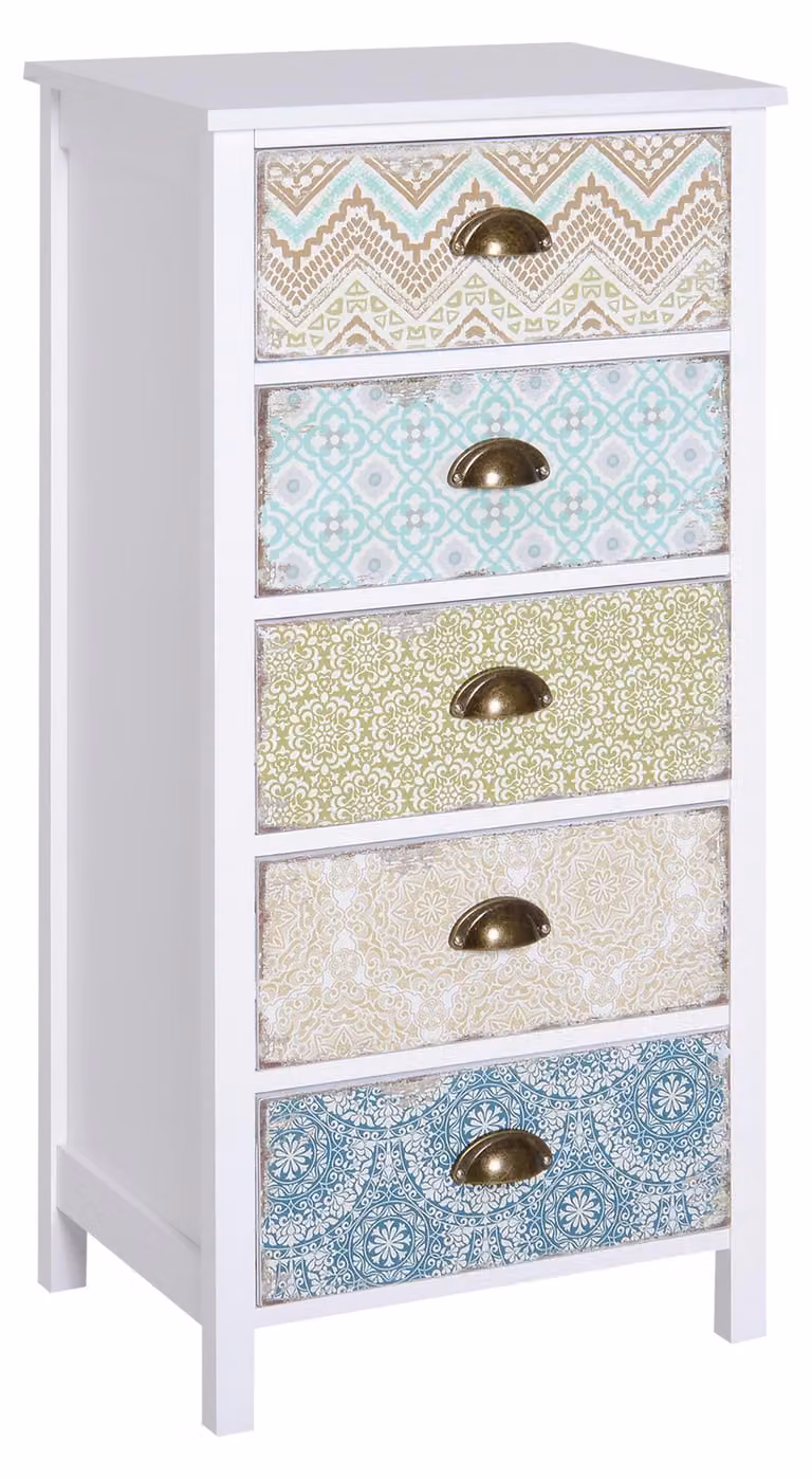 Comò Moonbite con 5 cassetti, stile shabby chic, dimensioni 46 x 34 x 97,5 cm, mobile contenitore colorato, capacità di carico 50 kg, sistema di sicurezza anticaduta, realizzato in pannello MDF, disponibile in vari colori