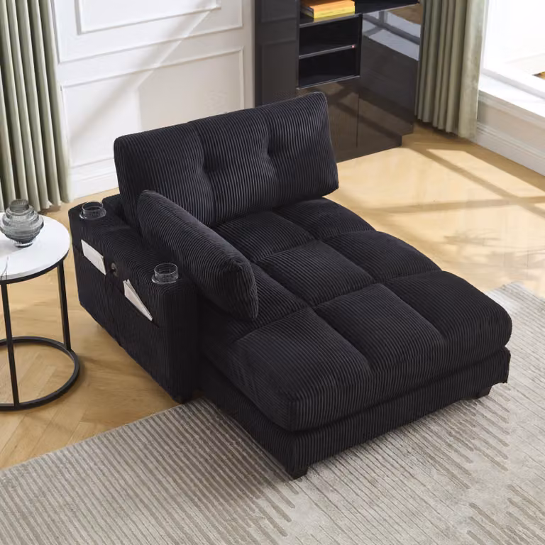 LVHOM chaise longue con porta USB e portabicchieri, poltrona reclinabile con tasche laterali, poltrona singola da pavimento, schienale regolabile, nero