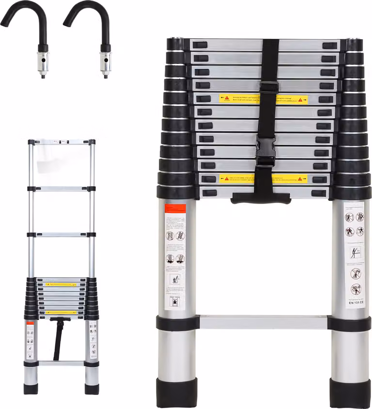 Scala telescopica professionale Izrielar 3,8 m in alluminio argento portata 150 kg scala multiuso piedini in gomma antiscivolo con ganci rimovibili