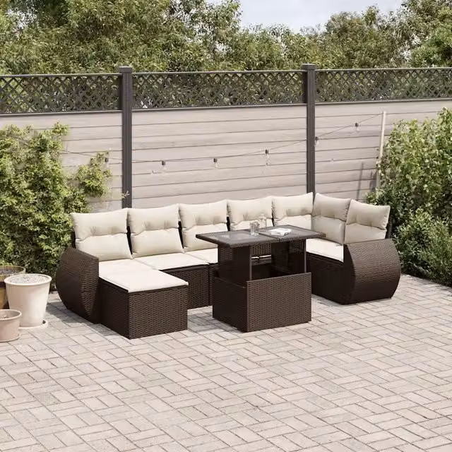 Set Divani da Giardino 8 pz con Cuscini Marrone in Polyrattan 3268693